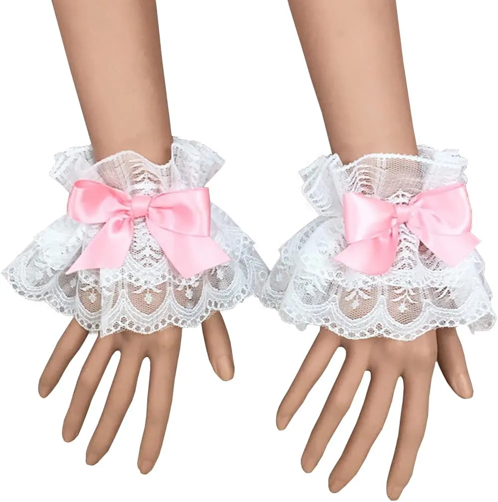 1 Pair Lolita Lace Gloves White Bow Hand Sleeve Sexy Lace Elastic Bracelet Women Ruffled Floral Lace Wrist Cuffs