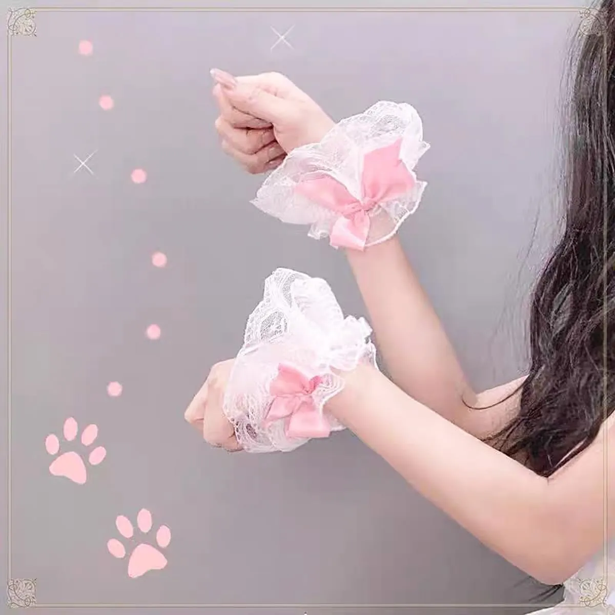 1 Pair Lolita Lace Gloves White Bow Hand Sleeve Sexy Lace Elastic Bracelet Women Ruffled Floral Lace Wrist Cuffs