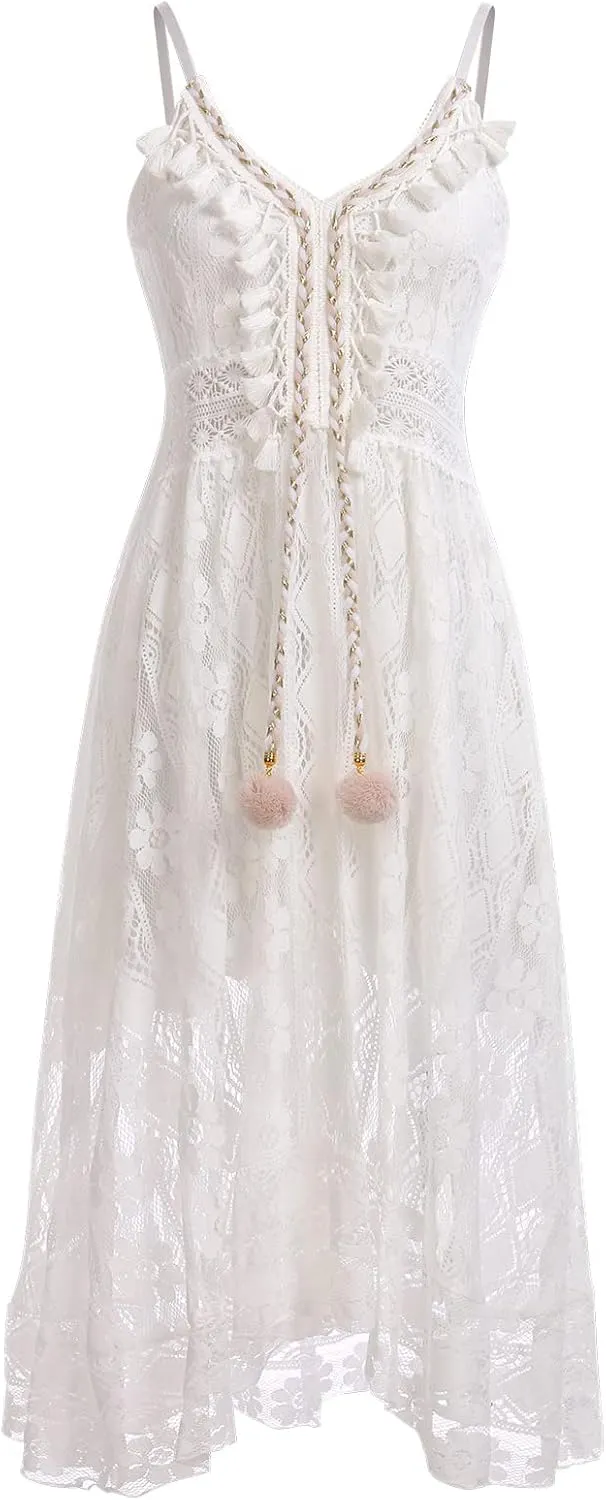 ABOCIW Women's Boho Maxi Dress Lace Up Tassel V-Neck Flare Ruffle Fringed Beach Summer Dresses