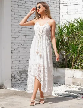 ABOCIW Women's Boho Maxi Dress Lace Up Tassel V-Neck Flare Ruffle Fringed Beach Summer Dresses