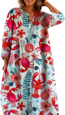 Akivide Women's Summer Boho Floral Print Button Down Shirt Dress with Pocket Casual Colorful Graphic Long Sleeve Maxi Dresses