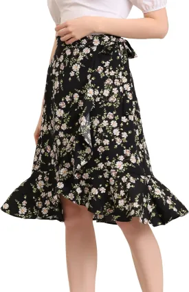 Allegra K Women's Floral Printed Self Tie Knot High-Low Ruffle Hem Wrap Skirt