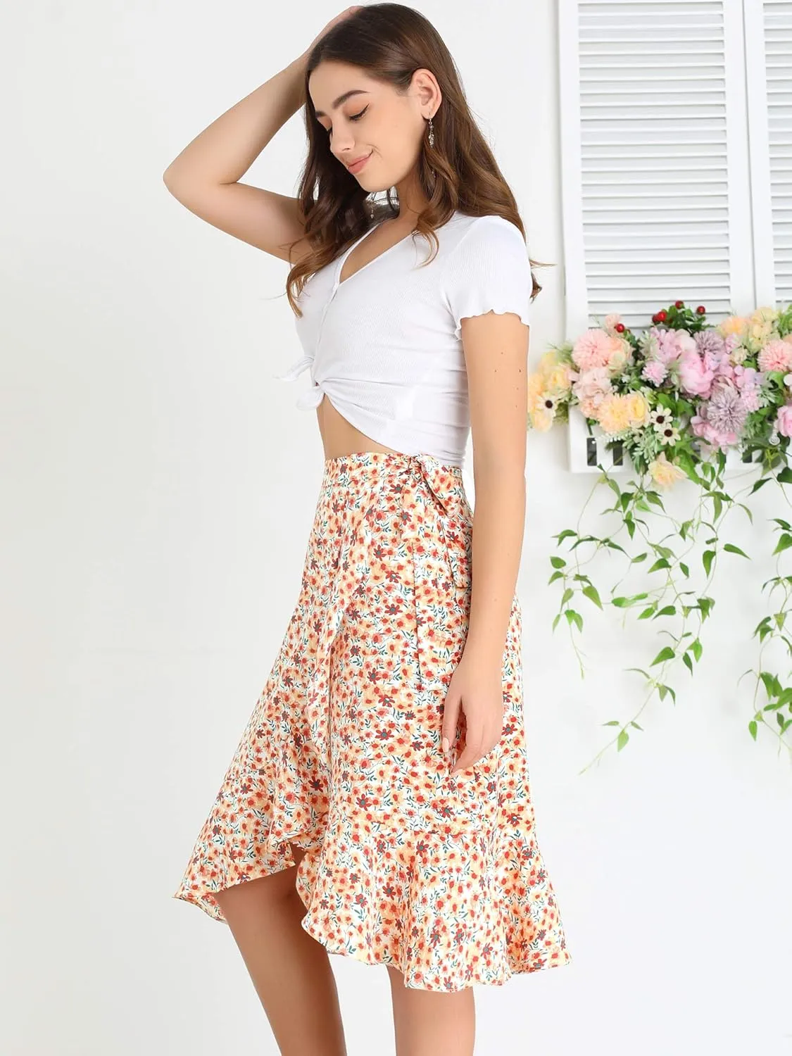 Allegra K Women's Floral Printed Self Tie Knot High-Low Ruffle Hem Wrap Skirt