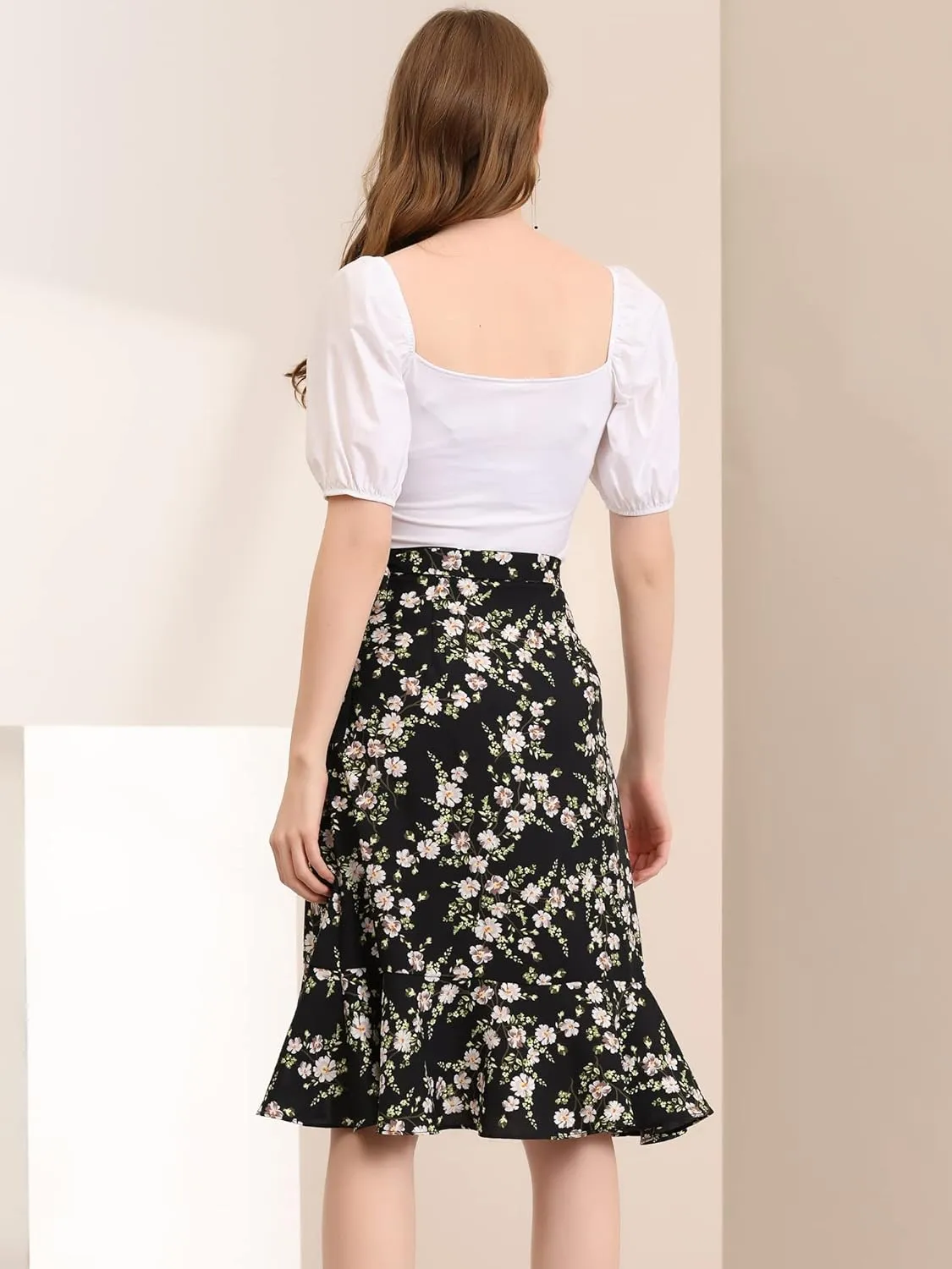 Allegra K Women's Floral Printed Self Tie Knot High-Low Ruffle Hem Wrap Skirt