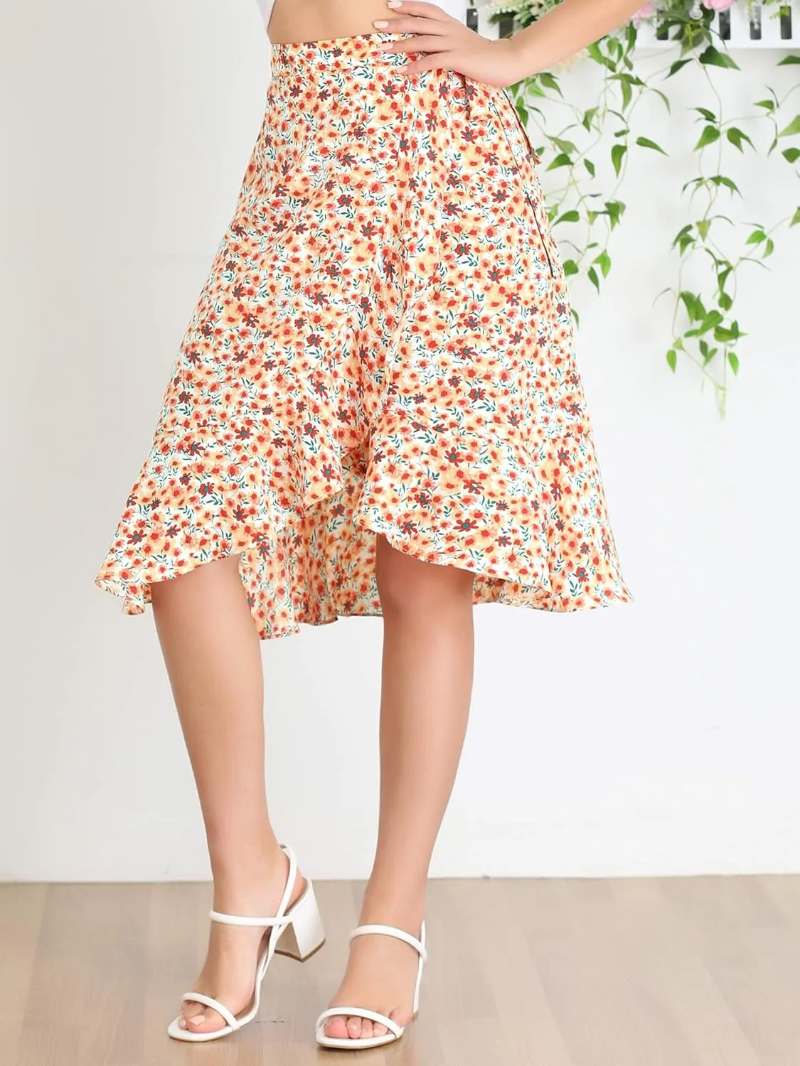 Allegra K Women's Floral Printed Self Tie Knot High-Low Ruffle Hem Wrap Skirt