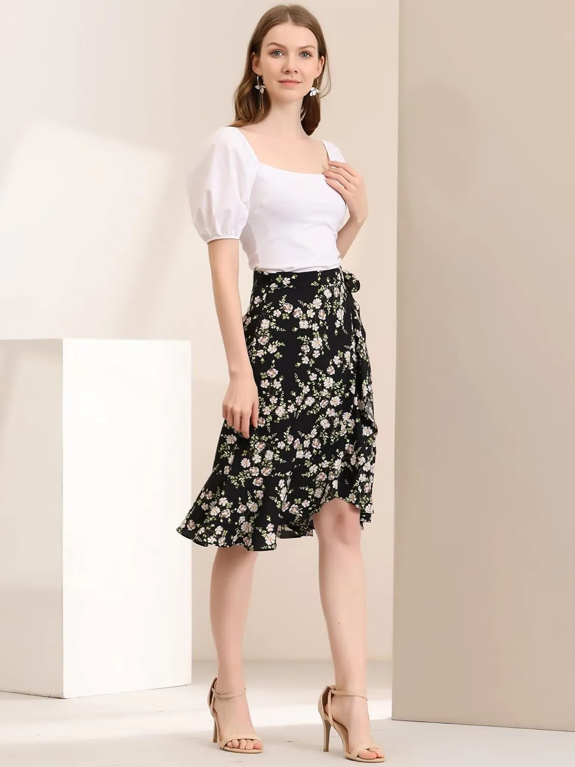 Allegra K Women's Floral Printed Self Tie Knot High-Low Ruffle Hem Wrap Skirt