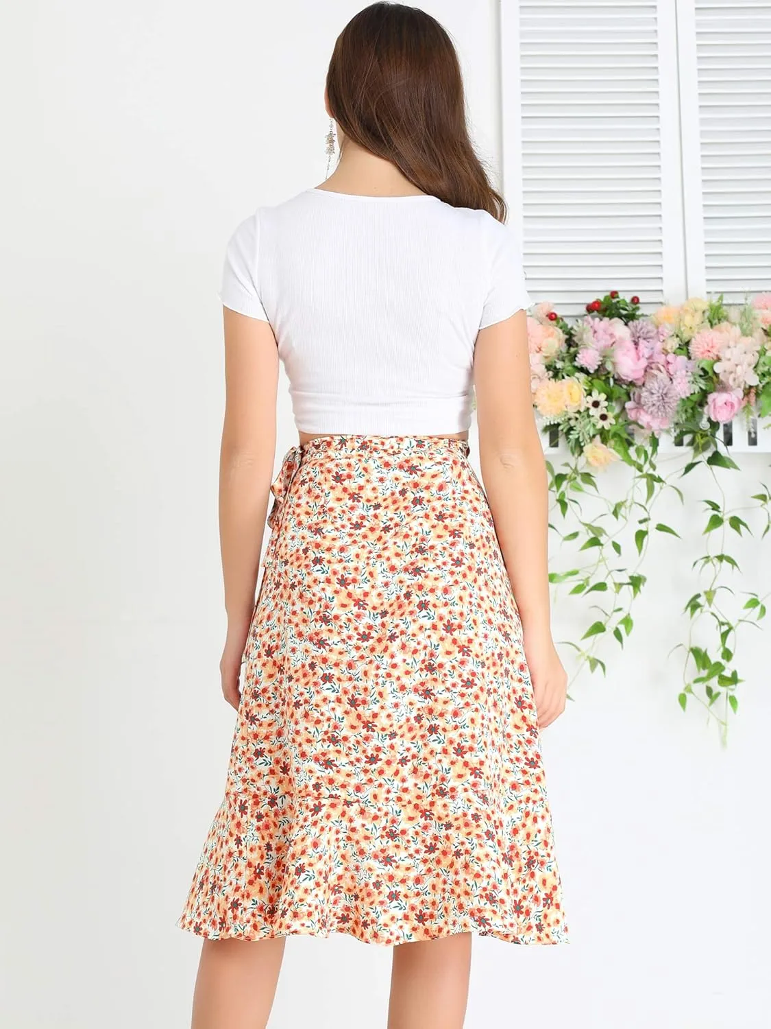 Allegra K Women's Floral Printed Self Tie Knot High-Low Ruffle Hem Wrap Skirt