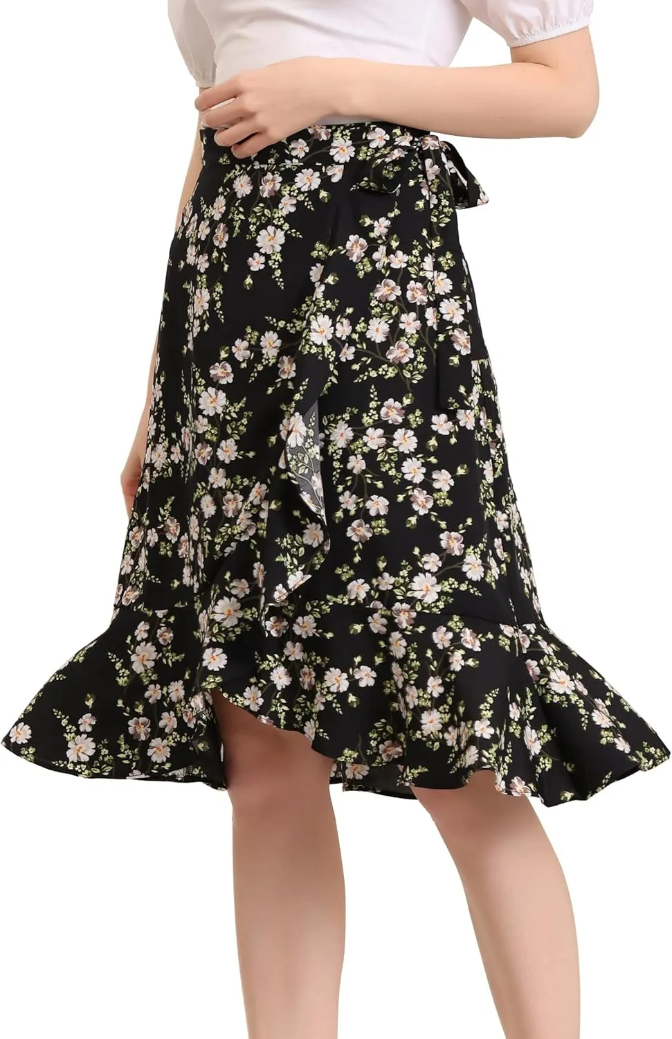 Allegra K Women's Floral Printed Self Tie Knot High-Low Ruffle Hem Wrap Skirt