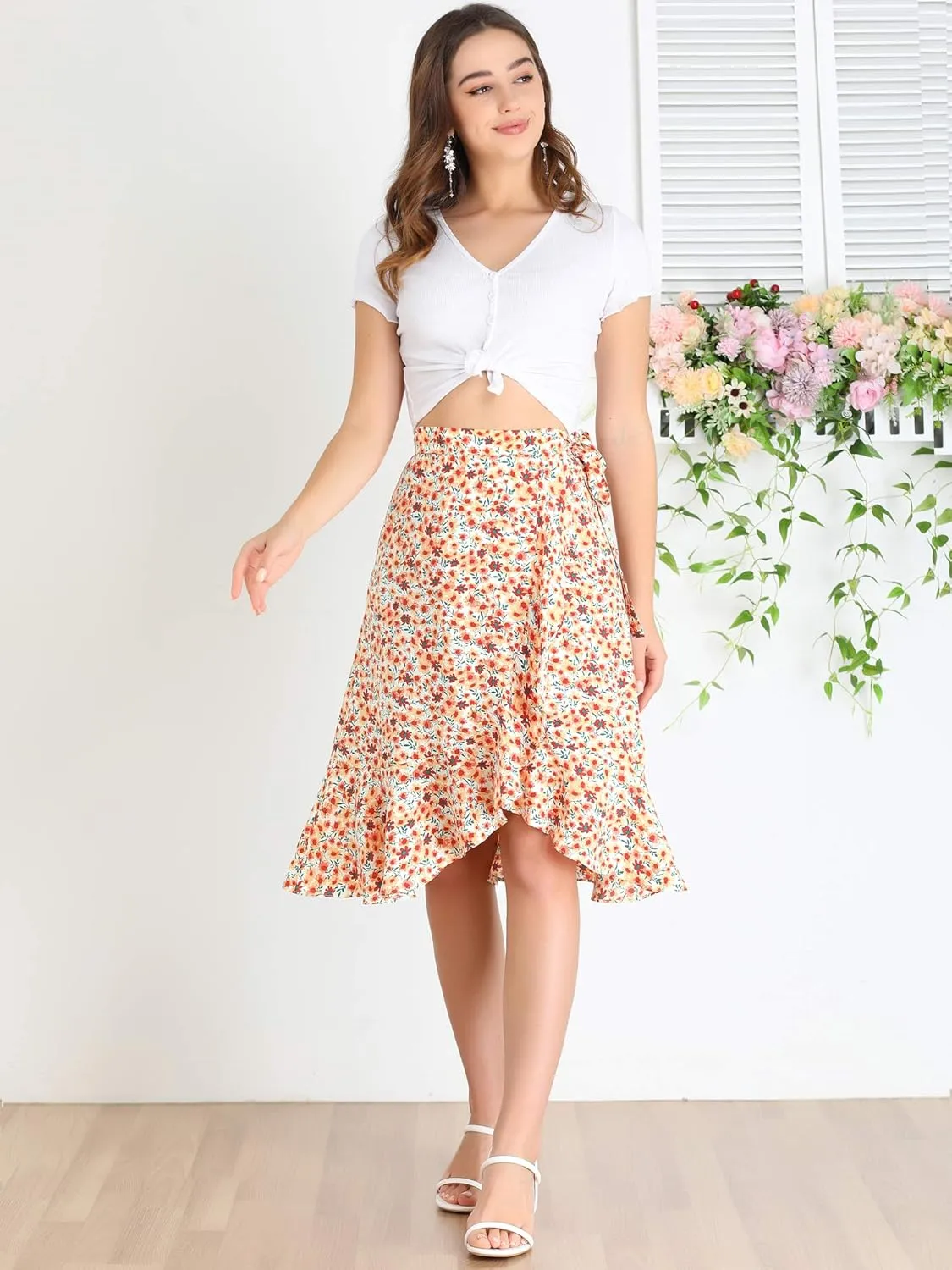 Allegra K Women's Floral Printed Self Tie Knot High-Low Ruffle Hem Wrap Skirt