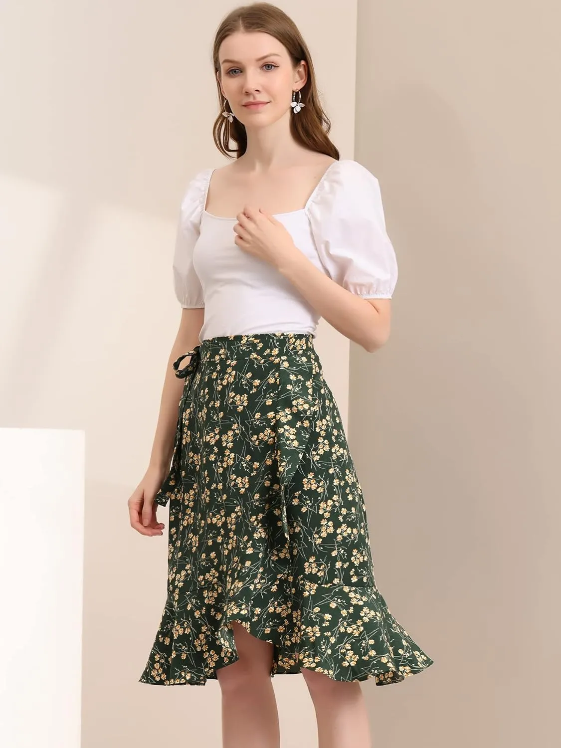 Allegra K Women's Floral Printed Self Tie Knot High-Low Ruffle Hem Wrap Skirt