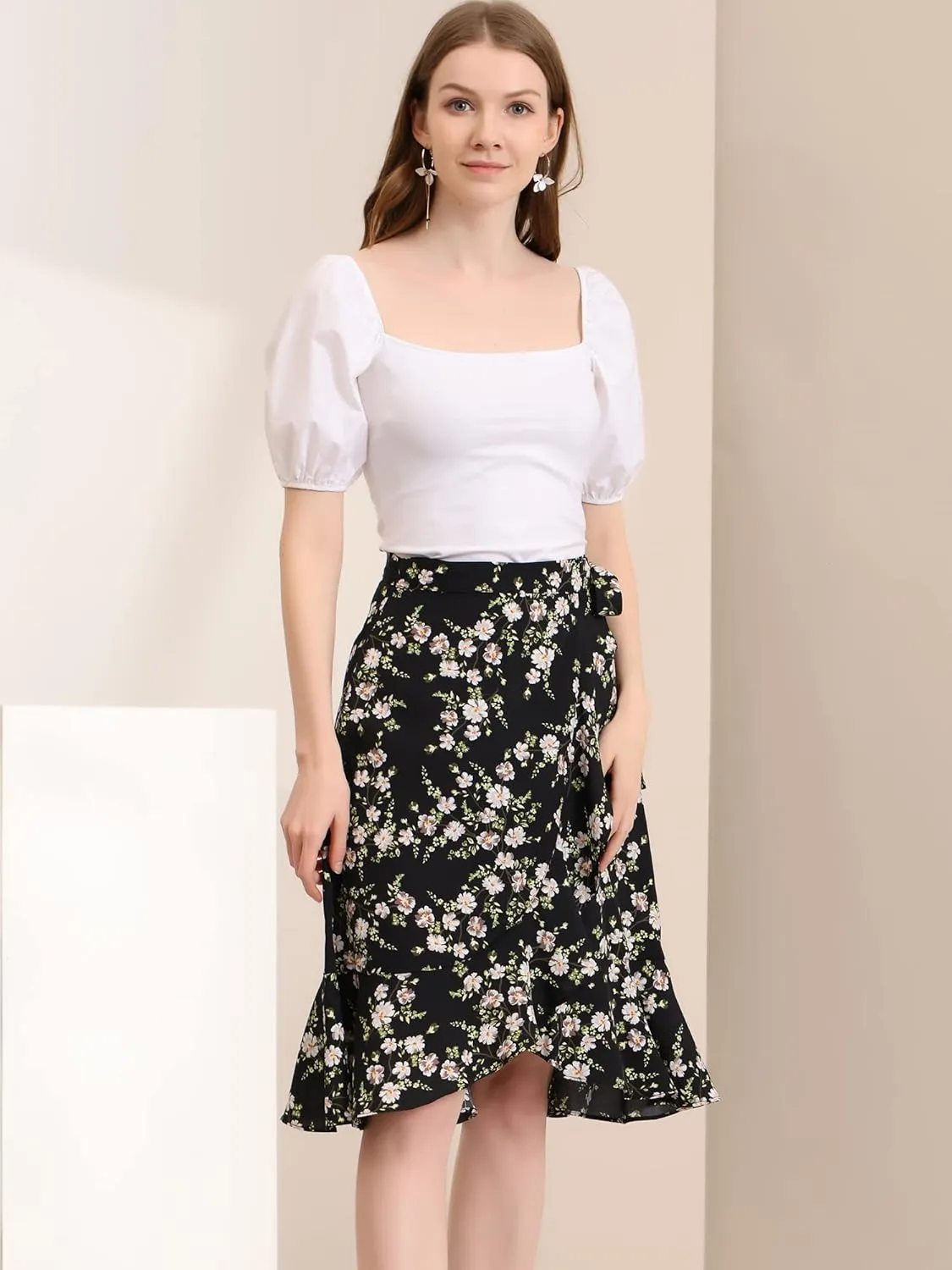 Allegra K Women's Floral Printed Self Tie Knot High-Low Ruffle Hem Wrap Skirt