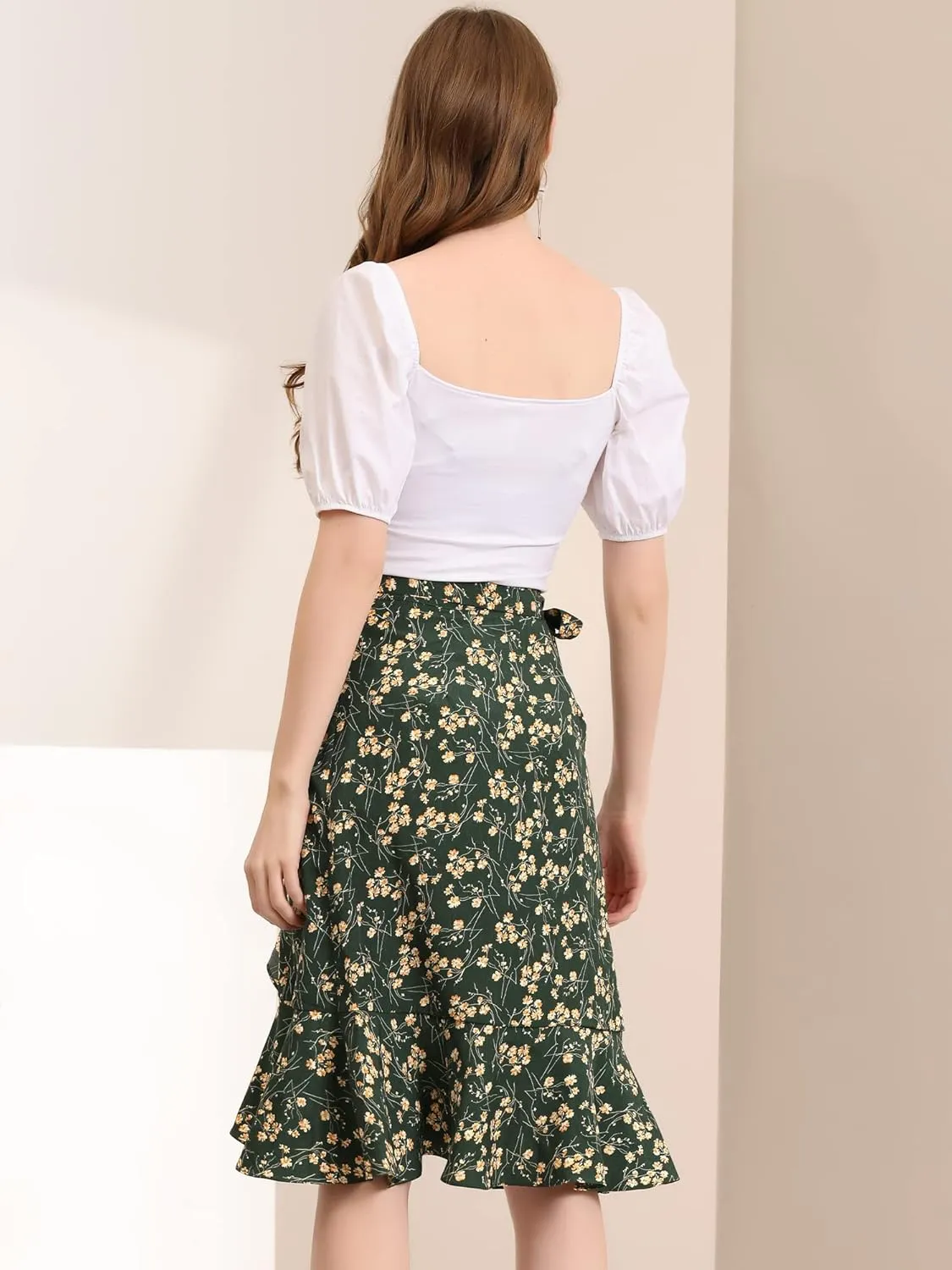 Allegra K Women's Floral Printed Self Tie Knot High-Low Ruffle Hem Wrap Skirt