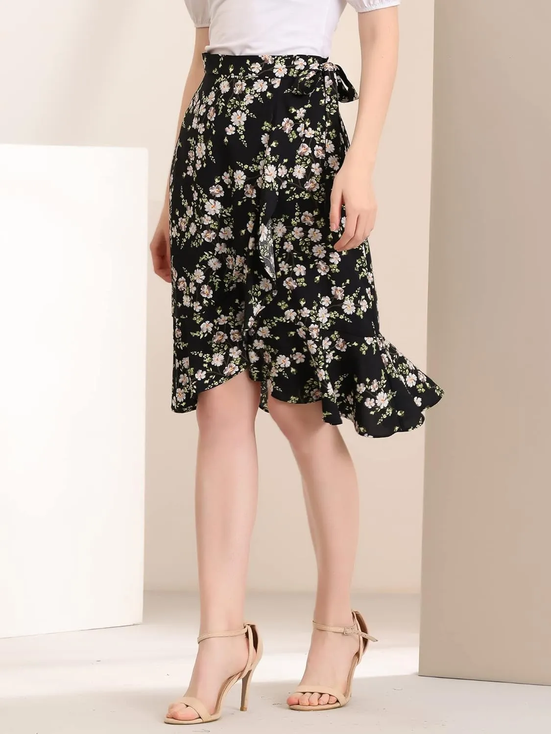 Allegra K Women's Floral Printed Self Tie Knot High-Low Ruffle Hem Wrap Skirt