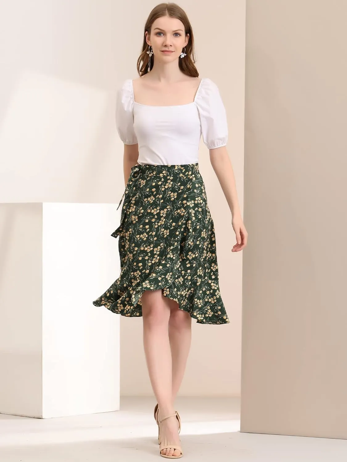 Allegra K Women's Floral Printed Self Tie Knot High-Low Ruffle Hem Wrap Skirt