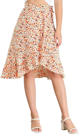 Allegra K Women's Floral Printed Self Tie Knot High-Low Ruffle Hem Wrap Skirt