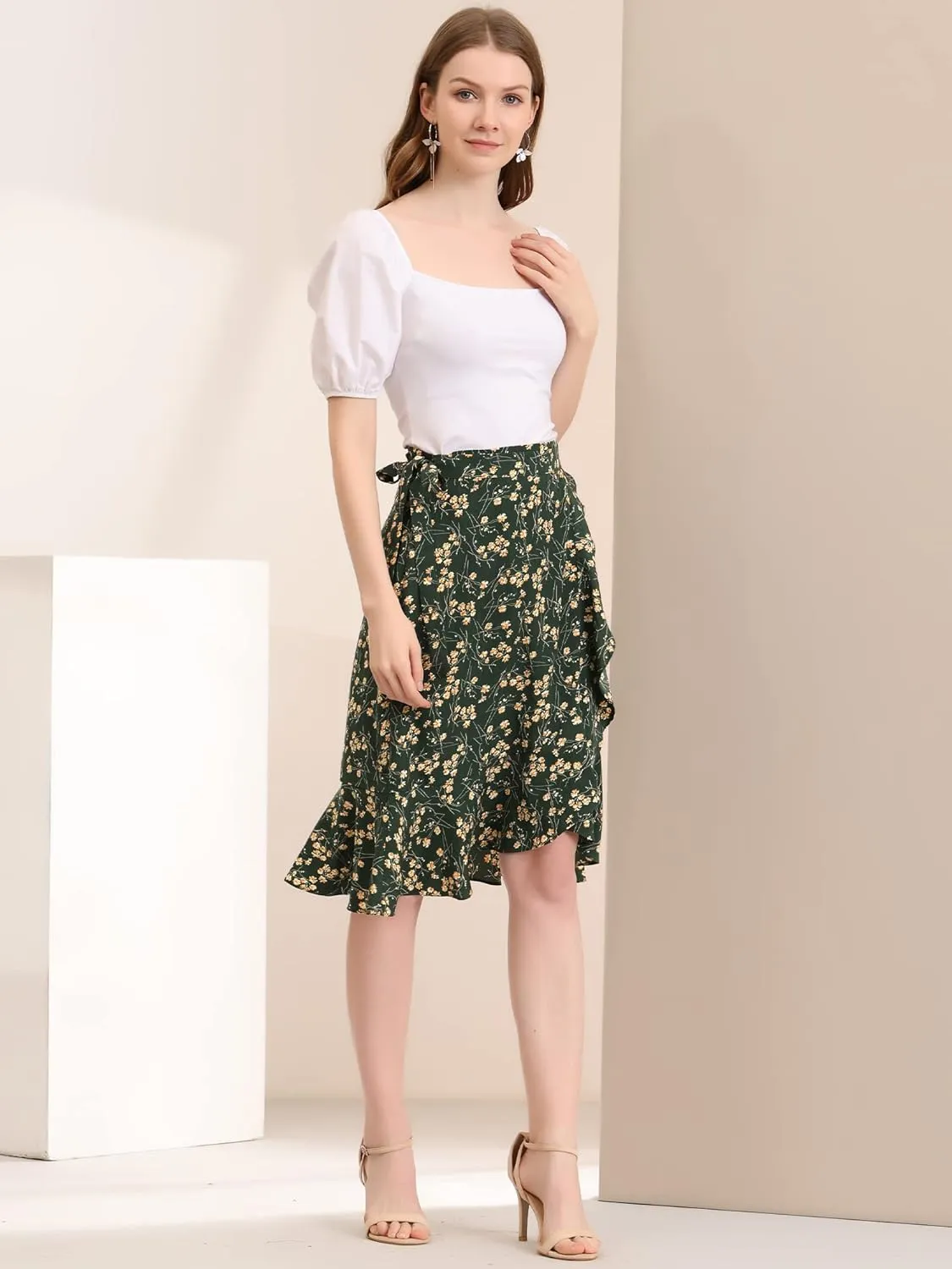 Allegra K Women's Floral Printed Self Tie Knot High-Low Ruffle Hem Wrap Skirt