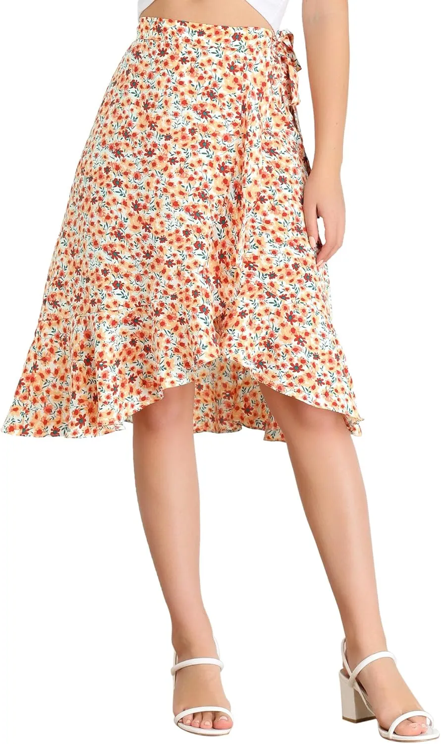 Allegra K Women's Floral Printed Self Tie Knot High-Low Ruffle Hem Wrap Skirt