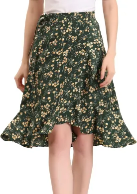Allegra K Women's Floral Printed Self Tie Knot High-Low Ruffle Hem Wrap Skirt