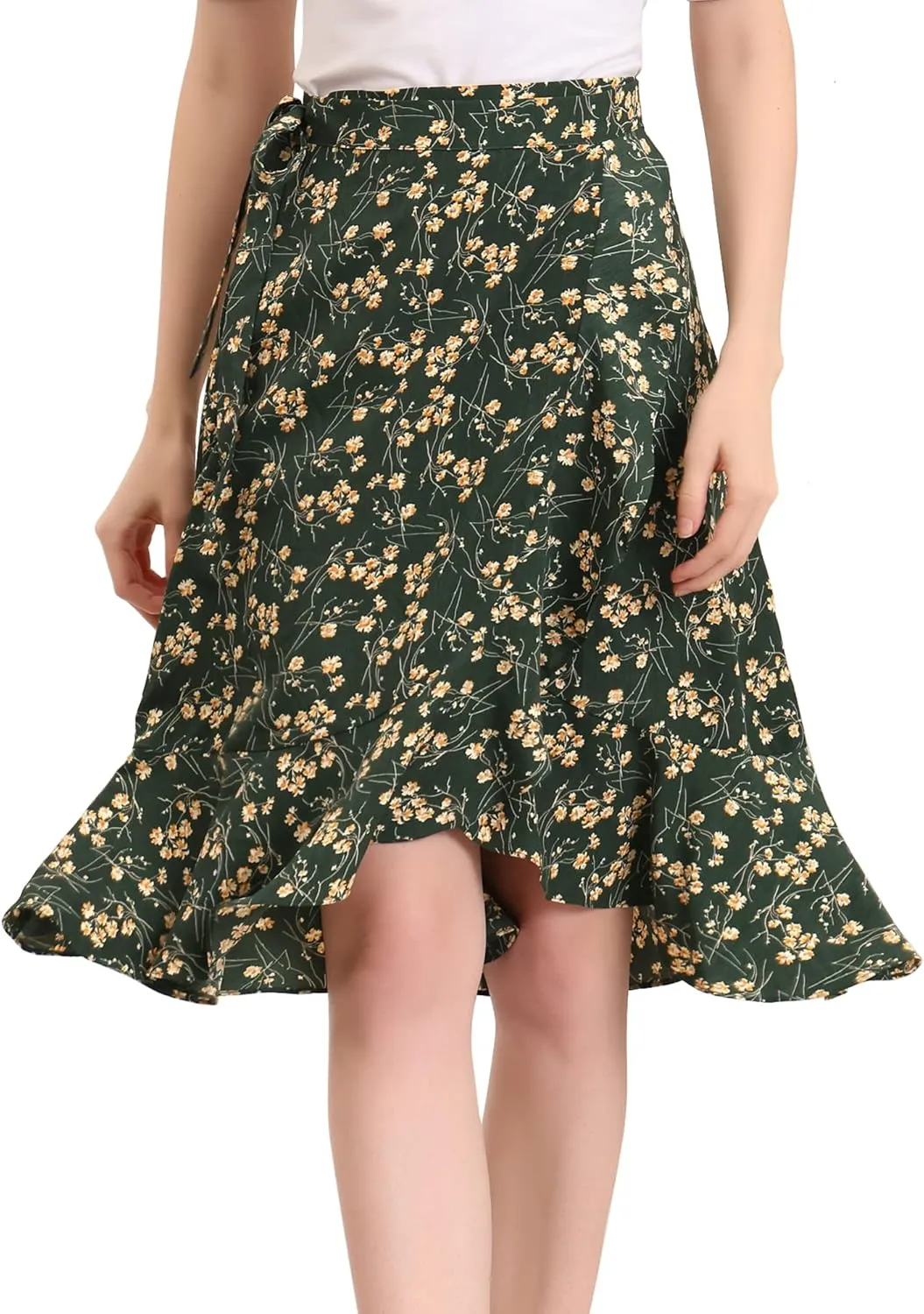 Allegra K Women's Floral Printed Self Tie Knot High-Low Ruffle Hem Wrap Skirt