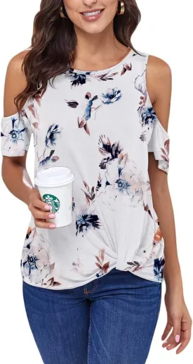 ANCAPELION Womens Cold Shoulder Shirt Short Sleeve Round Neck T-Shirt Knot Twist Tee Blouse Casual Tops for Women