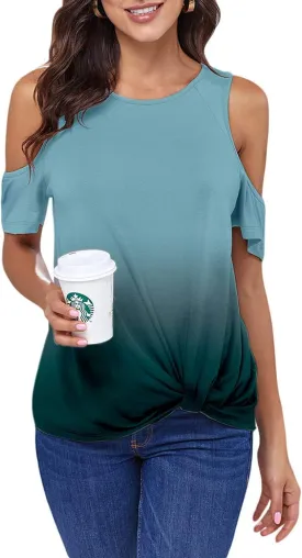 ANCAPELION Womens Cold Shoulder Shirt Short Sleeve Round Neck T-Shirt Knot Twist Tee Blouse Casual Tops for Women