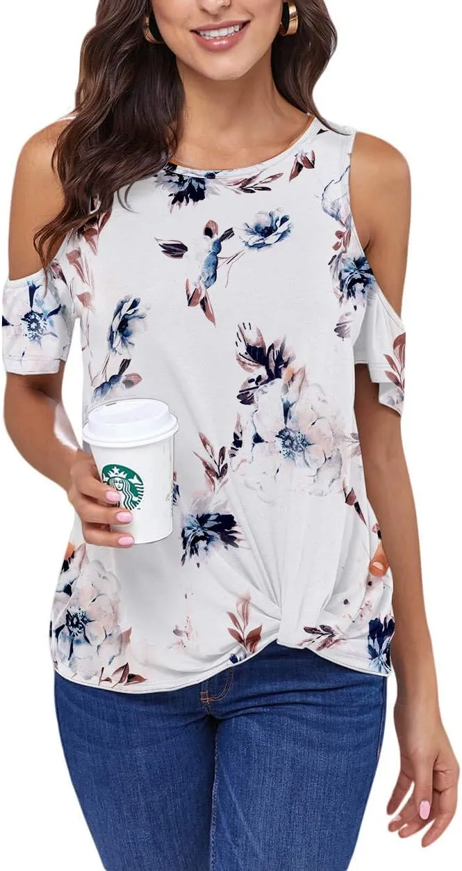 ANCAPELION Womens Cold Shoulder Shirt Short Sleeve Round Neck T-Shirt Knot Twist Tee Blouse Casual Tops for Women