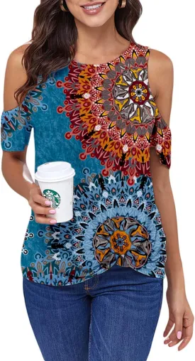 ANCAPELION Womens Cold Shoulder Shirt Short Sleeve Round Neck T-Shirt Knot Twist Tee Blouse Casual Tops for Women