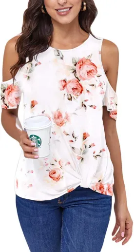ANCAPELION Womens Cold Shoulder Shirt Short Sleeve Round Neck T-Shirt Knot Twist Tee Blouse Casual Tops for Women