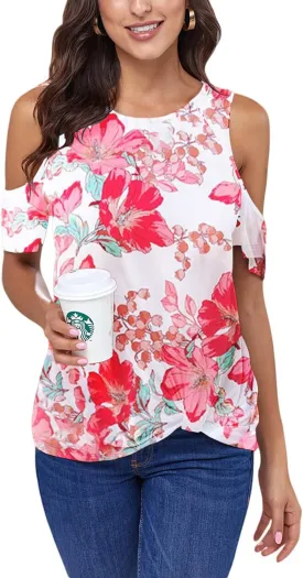 ANCAPELION Womens Cold Shoulder Shirt Short Sleeve Round Neck T-Shirt Knot Twist Tee Blouse Casual Tops for Women