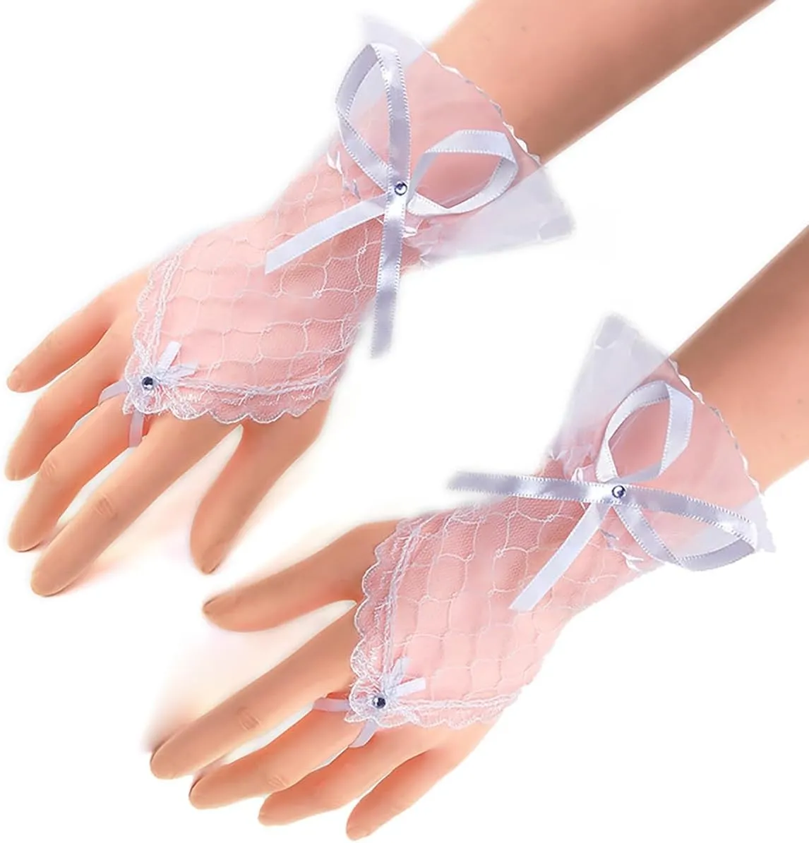 AUOCATTAIL Lolita Lace Gloves White Hand Sleeve Elastic Bracelet Floral Wrist Cuffs for Bridal Wedding Masquerade