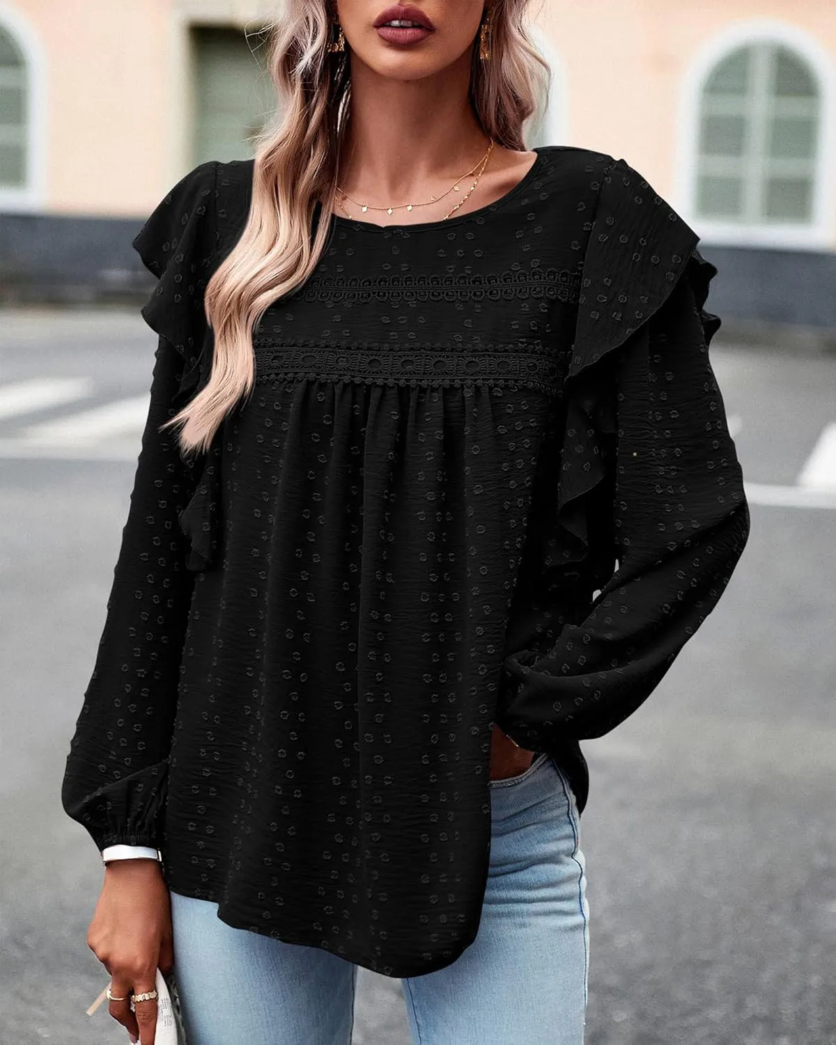 BTFBM Long Sleeve Swiss Dot Blouses for Women Dressy Casual Spring Fall Crewneck Boho Western Shirts Business Work Tops