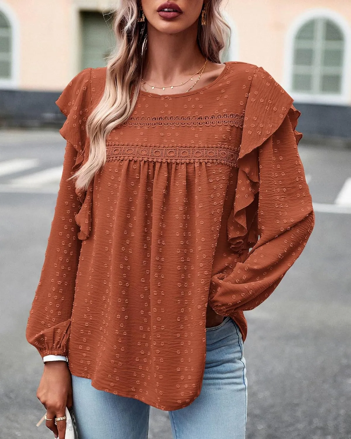 BTFBM Long Sleeve Swiss Dot Blouses for Women Dressy Casual Spring Fall Crewneck Boho Western Shirts Business Work Tops
