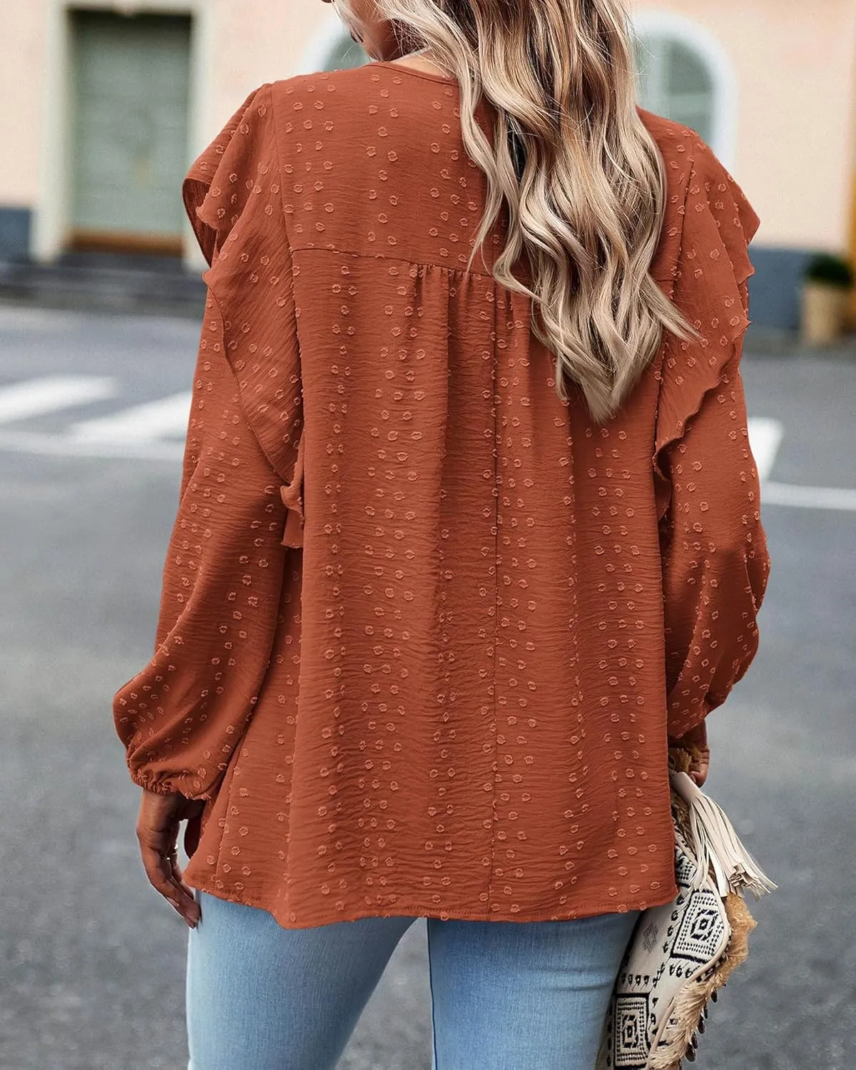 BTFBM Long Sleeve Swiss Dot Blouses for Women Dressy Casual Spring Fall Crewneck Boho Western Shirts Business Work Tops