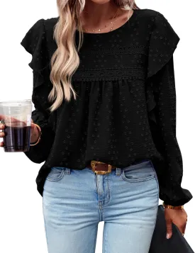 BTFBM Long Sleeve Swiss Dot Blouses for Women Dressy Casual Spring Fall Crewneck Boho Western Shirts Business Work Tops