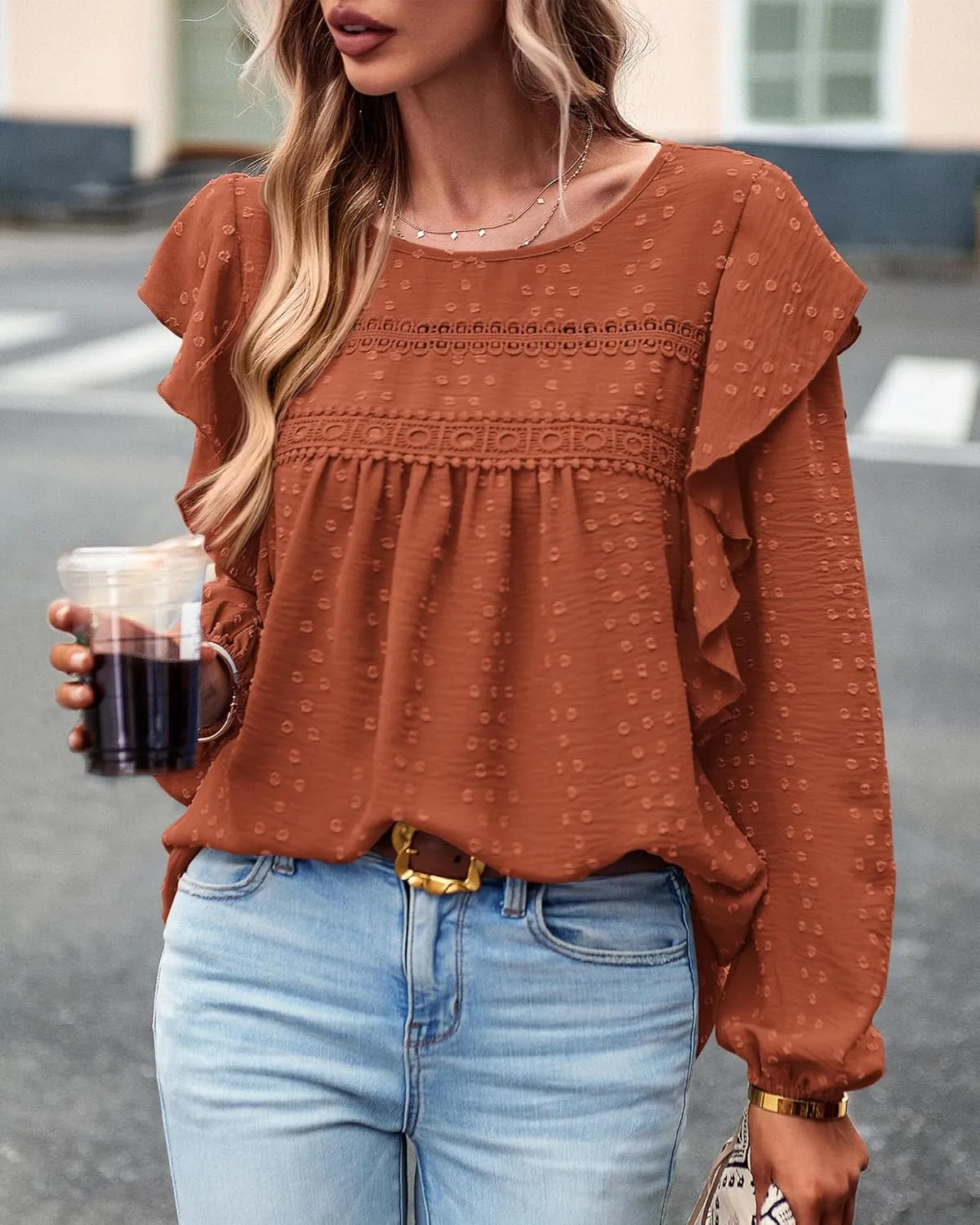 BTFBM Long Sleeve Swiss Dot Blouses for Women Dressy Casual Spring Fall Crewneck Boho Western Shirts Business Work Tops
