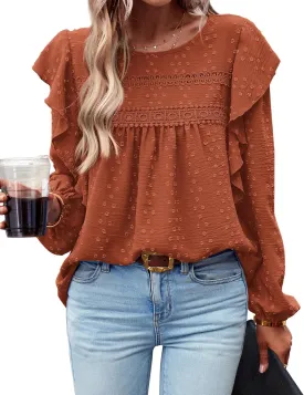 BTFBM Long Sleeve Swiss Dot Blouses for Women Dressy Casual Spring Fall Crewneck Boho Western Shirts Business Work Tops