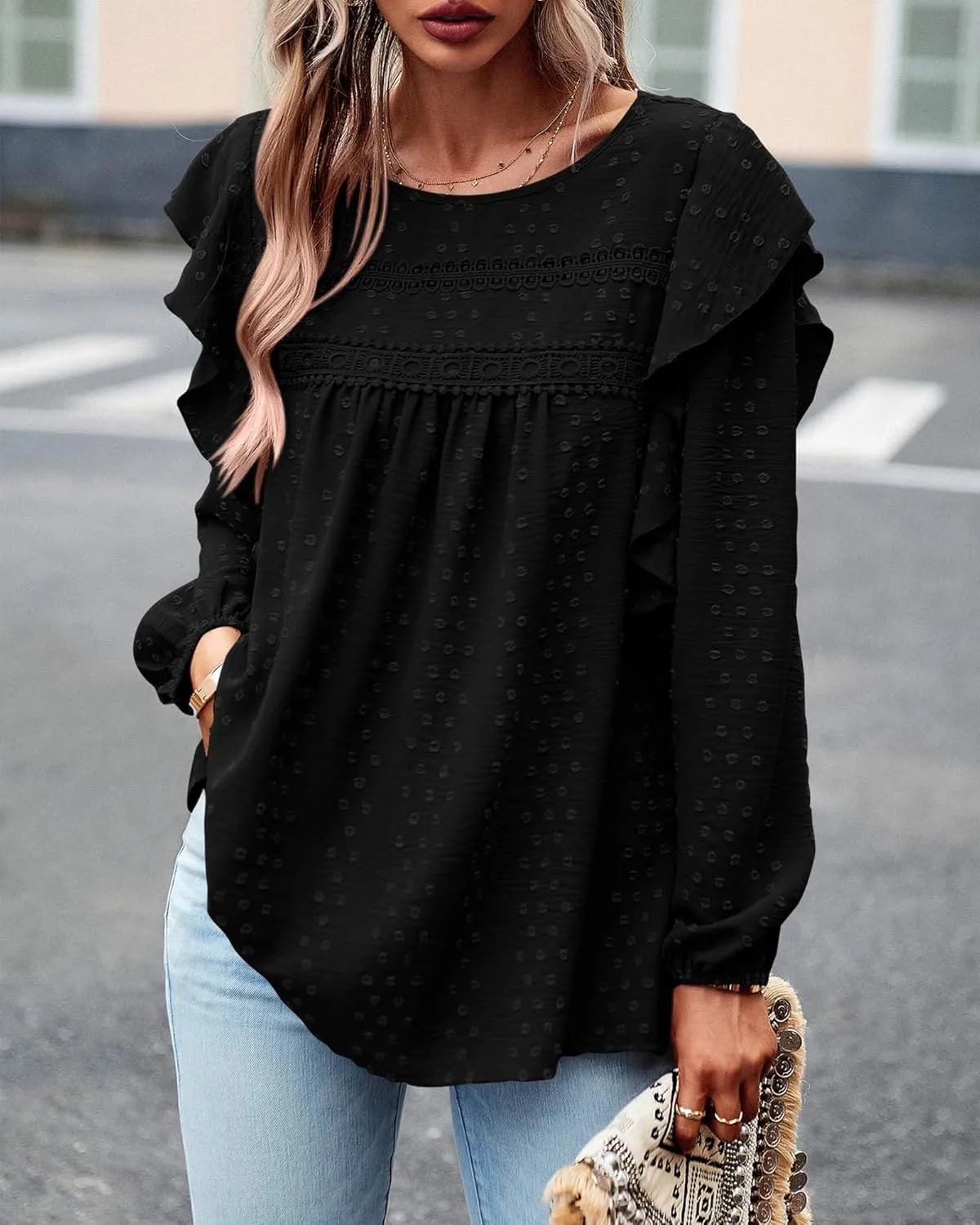 BTFBM Long Sleeve Swiss Dot Blouses for Women Dressy Casual Spring Fall Crewneck Boho Western Shirts Business Work Tops