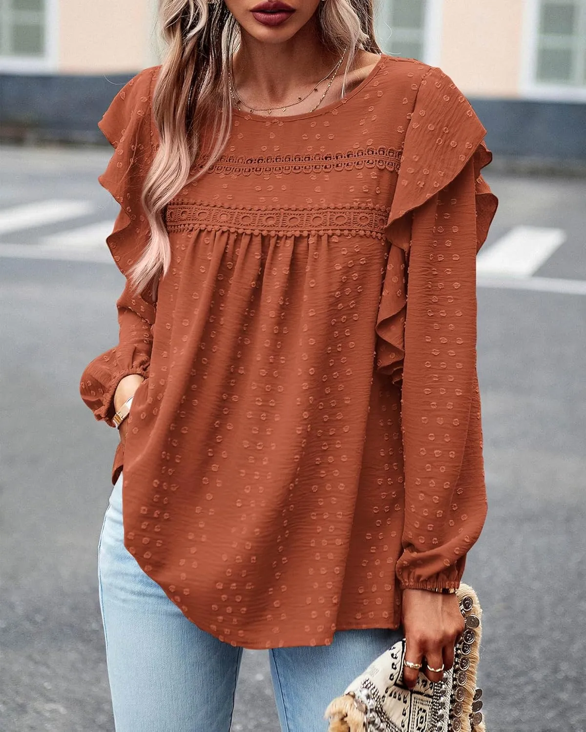 BTFBM Long Sleeve Swiss Dot Blouses for Women Dressy Casual Spring Fall Crewneck Boho Western Shirts Business Work Tops