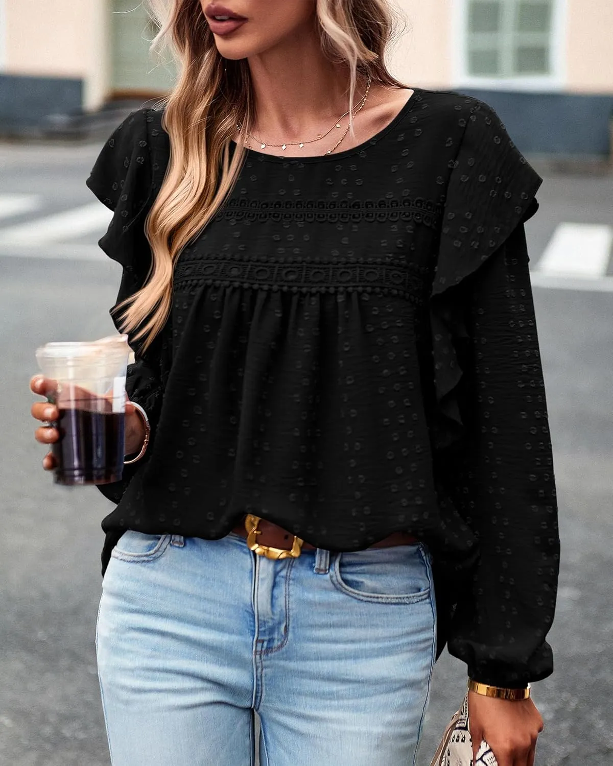 BTFBM Long Sleeve Swiss Dot Blouses for Women Dressy Casual Spring Fall Crewneck Boho Western Shirts Business Work Tops