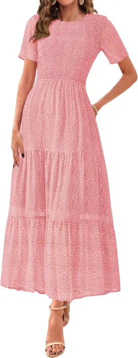 BTFBM Women Casual Short Sleeve Crew Neck Summer Dress Bohemian Floral Printed Flowy Maxi Dresses Tiered Cocktail Dress