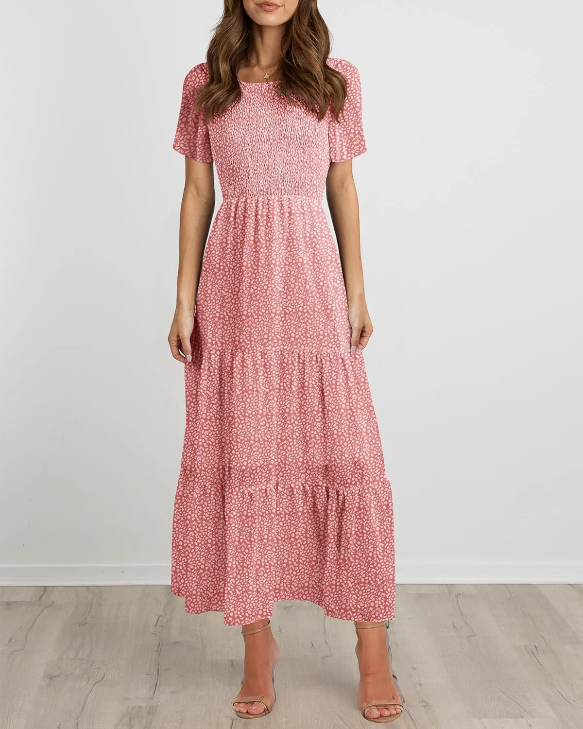 BTFBM Women Casual Short Sleeve Crew Neck Summer Dress Bohemian Floral Printed Flowy Maxi Dresses Tiered Cocktail Dress