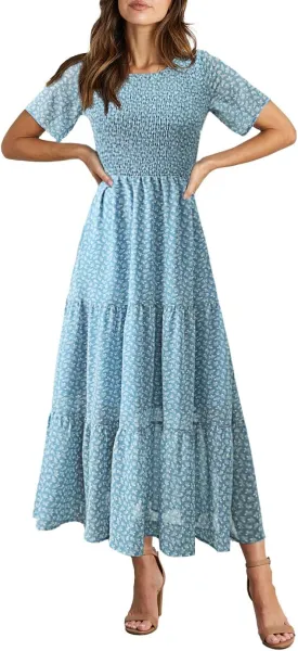 BTFBM Women Casual Short Sleeve Crew Neck Summer Dress Bohemian Floral Printed Flowy Maxi Dresses Tiered Cocktail Dress