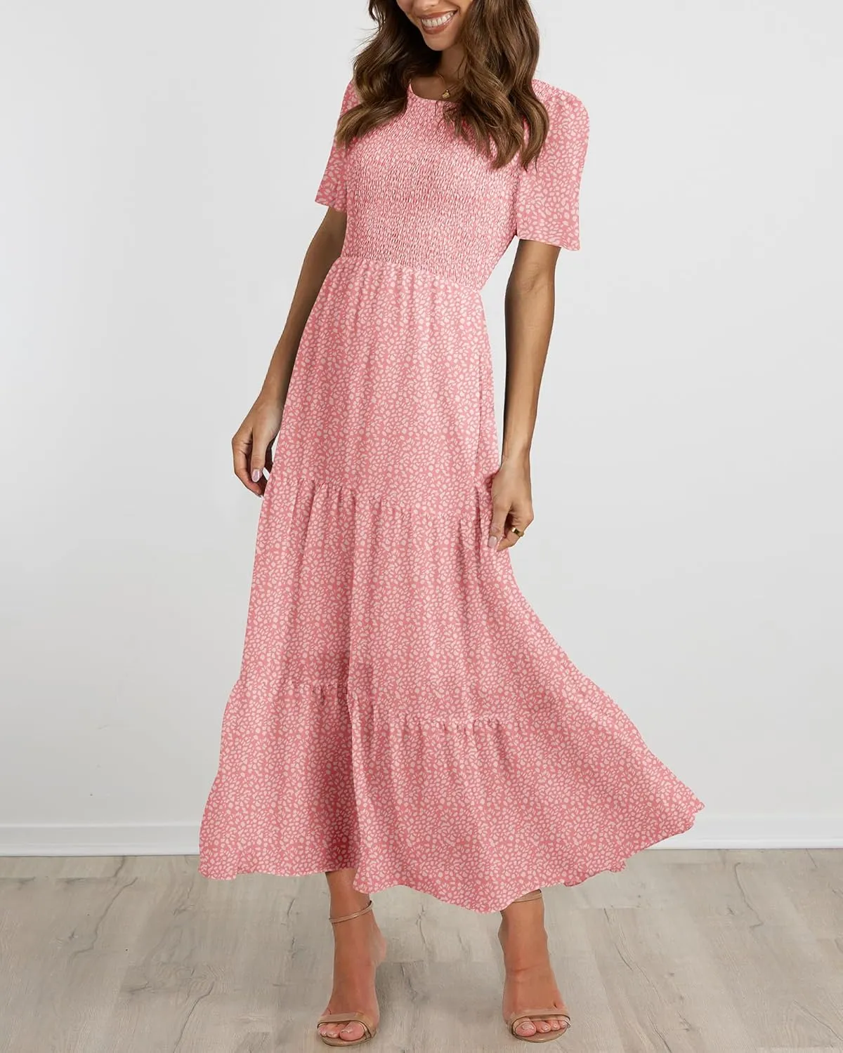 BTFBM Women Casual Short Sleeve Crew Neck Summer Dress Bohemian Floral Printed Flowy Maxi Dresses Tiered Cocktail Dress