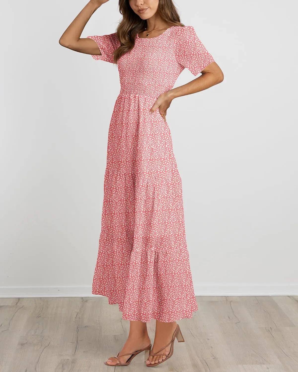 BTFBM Women Casual Short Sleeve Crew Neck Summer Dress Bohemian Floral Printed Flowy Maxi Dresses Tiered Cocktail Dress