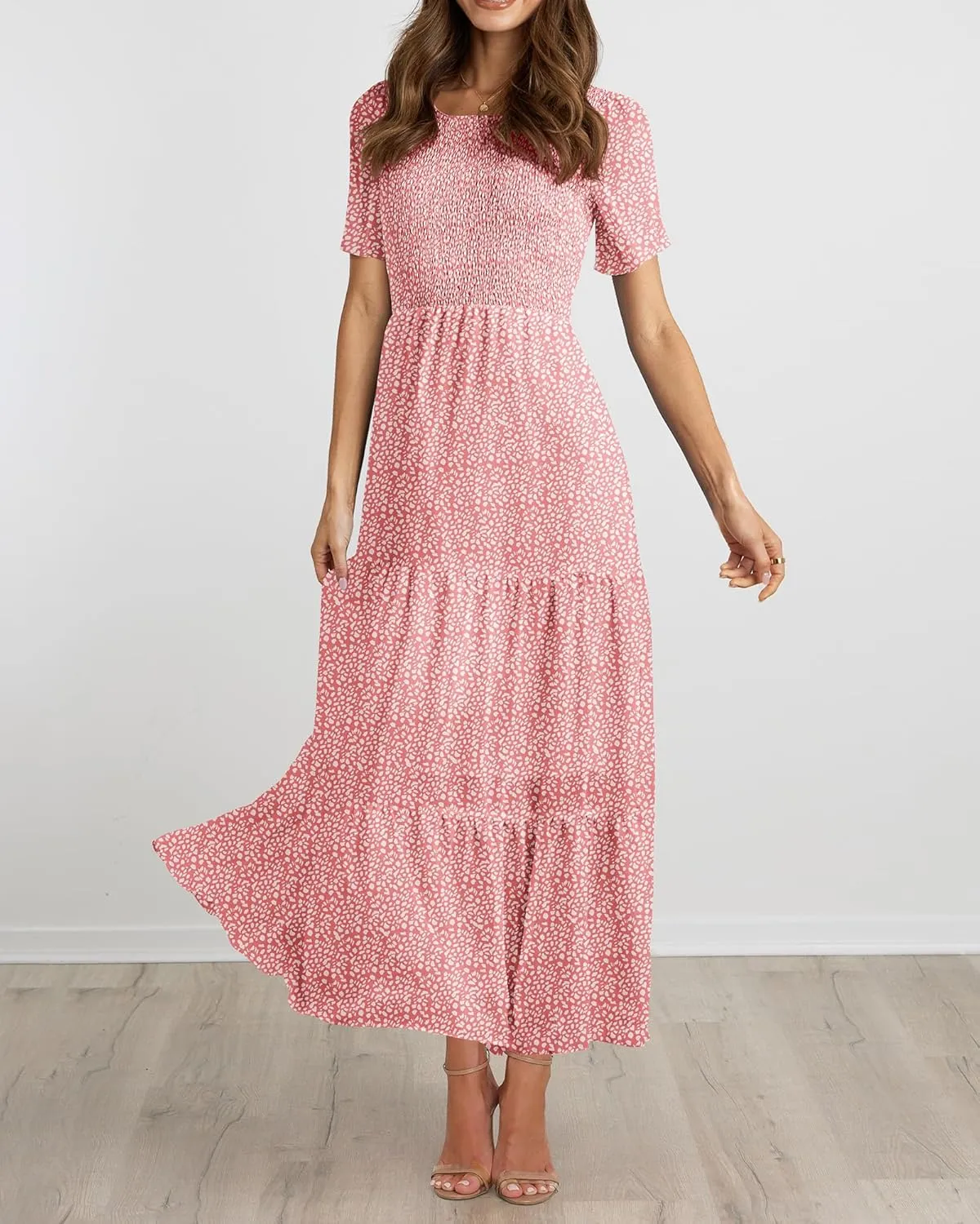 BTFBM Women Casual Short Sleeve Crew Neck Summer Dress Bohemian Floral Printed Flowy Maxi Dresses Tiered Cocktail Dress