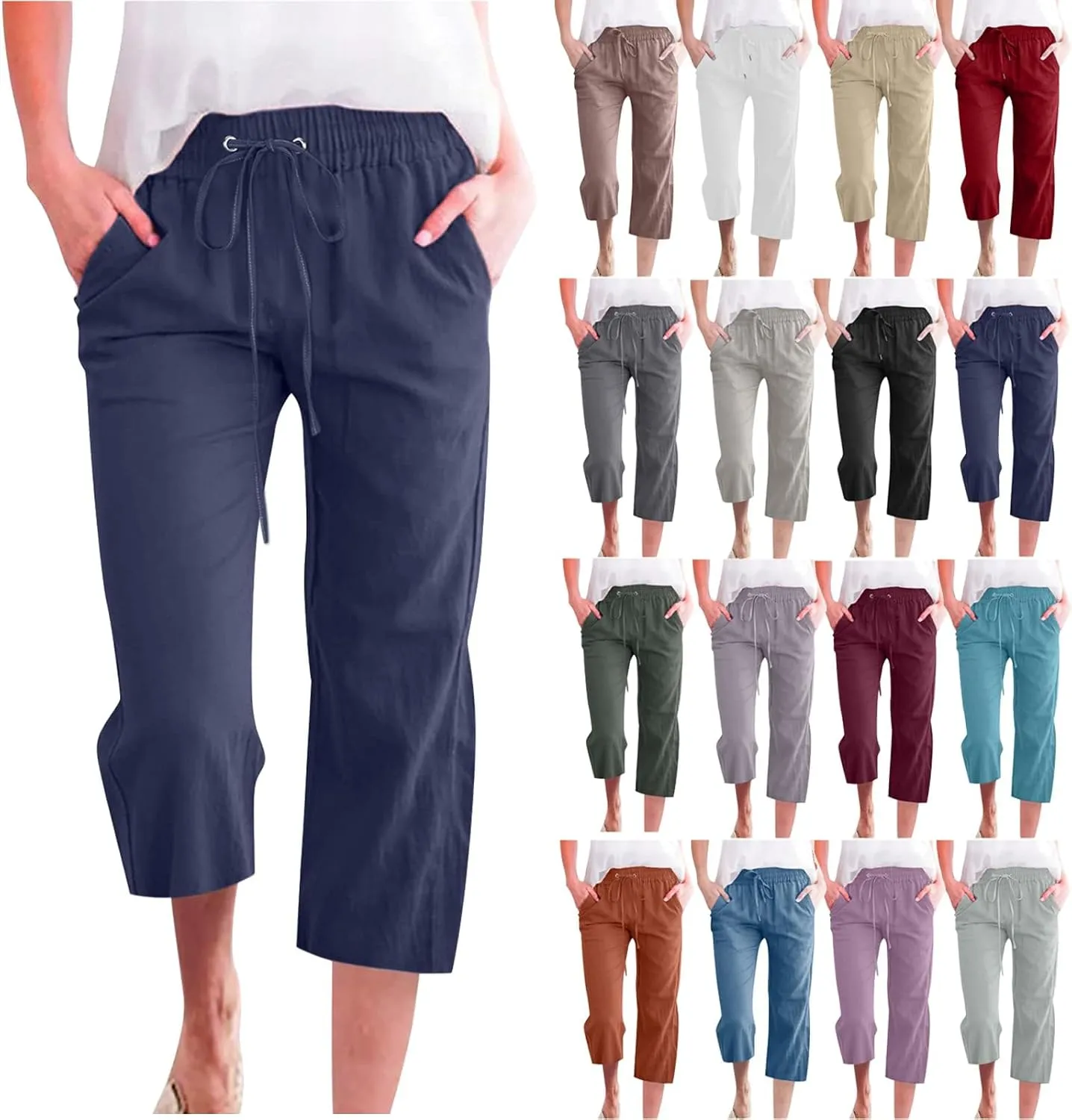 Capri Pants for Women Casual 2025 Summer Drawstring Elastic Waist Linen Pant Straight Wide Leg Pocket Cropped Trouser
