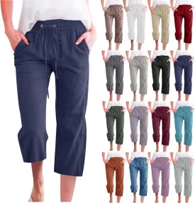 Capri Pants for Women Casual 2025 Summer Drawstring Elastic Waist Linen Pant Straight Wide Leg Pocket Cropped Trouser
