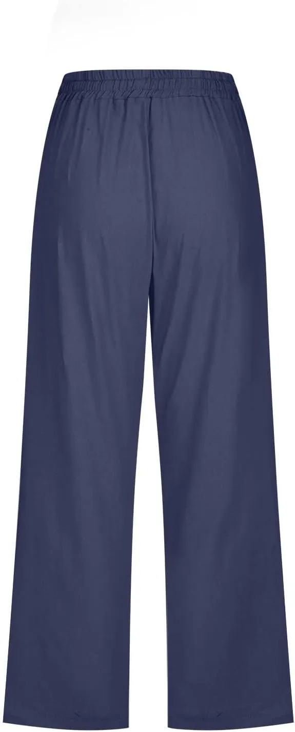 Capri Pants for Women Casual 2025 Summer Drawstring Elastic Waist Linen Pant Straight Wide Leg Pocket Cropped Trouser