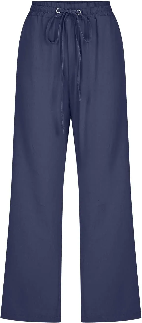 Capri Pants for Women Casual 2025 Summer Drawstring Elastic Waist Linen Pant Straight Wide Leg Pocket Cropped Trouser