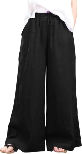 CHARTOU Women Cotton Wide Leg Linen Pants Palazzo High Waist Trousers Beach Gaucho Pants Summer Flowy Culottes